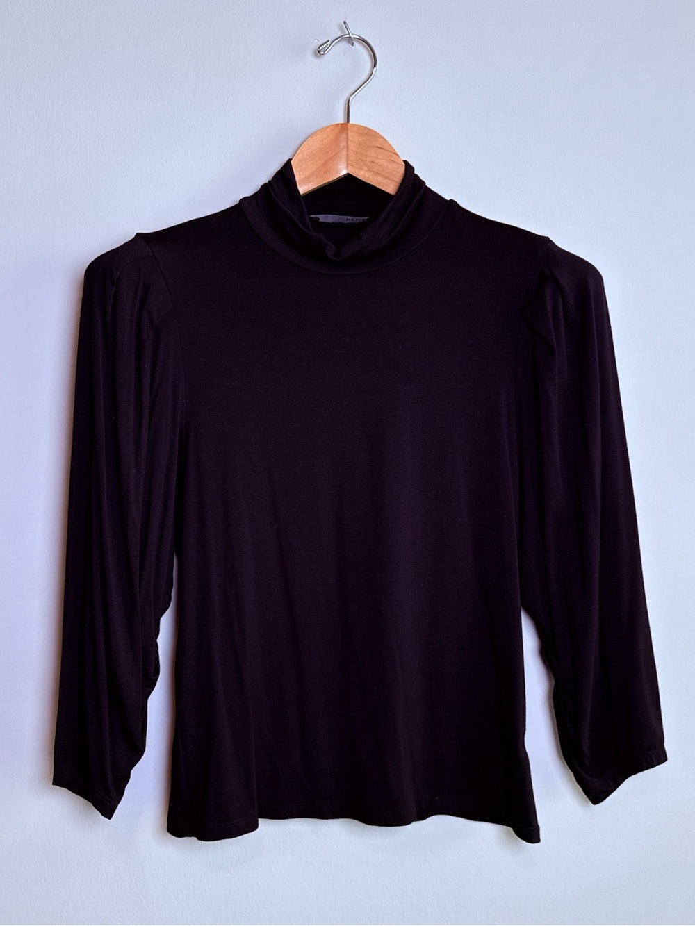 Krisa | Mock Neck Puff Sleeve Top | Black | Medium | Ruched Sleeve Stretch